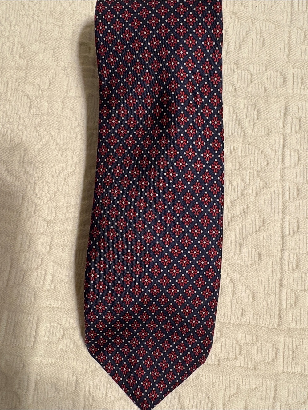 Dior Silk Tie in Navy with Red and Light Blue Medallion Pattern